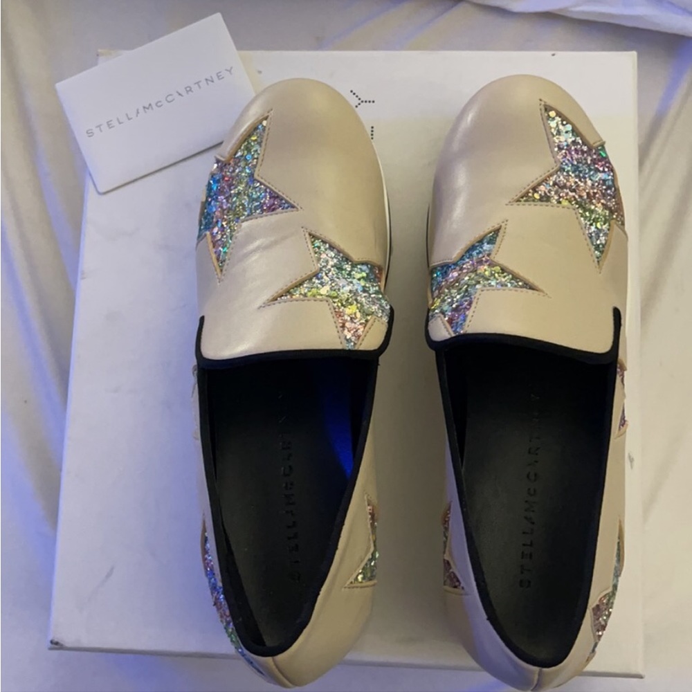 Stella McCartney Binx Slip On Platforms 38 Euro/8 US Khaki w/ 🌈 Sparkle Stars - Picture 6 of 11